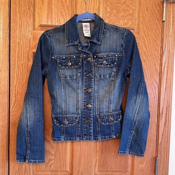 Bisou Bisou Women's Medium (8-10) Blue Studded Denim Jacket Long Sleeve - Picture 1 of 9